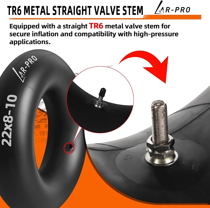 AR-PRO Relacement 22x8-10, 22x9-10 Inner Tubes for ATV, Lawn Tractor, Mowers, Golf Cart, Snow Blowers, and More - with TR6 Straight Metal Valve Stems - Made from Durable Butyl Rubber (2-Pack)