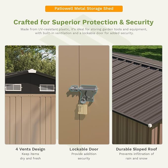 Patiowell 10 x 12 FT Outdoor Storage Shed with Floor Frame, Large Metal Shed Storage with Lockable Doors and Steel Frame, Utility Tool Outside Storage Shed for Garden, Patio, Backyard, Brown
