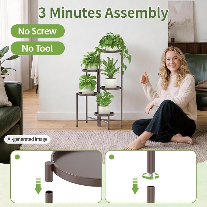 LASZOLA 5 Tier Large Plant Stand Indoor Tall with 10 Inch Metal Tray, Corner Folding Flower Display Rack, Modern Plant Holder Shelf for Outdoor Patio Porch Garden Office Living Room, Bronze