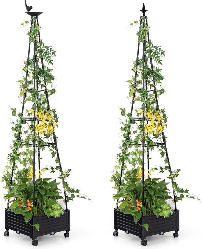 HAPPYGRILL Raised Garden Bed, 81” Tomato Cage w/Self-Drainage System, Adjustable Size & Wheels for Climbing Vine Fruits Flowers, Tomato Planter Box for Indoor Outdoor Yard Lawn Patio Greenhouse (2)