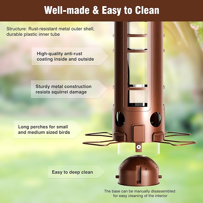 Squirrel Proof Bird Feeder for Outdoors, 360° Weight-Sensitive Activation, Removable Base for Easy Cleaning, 3 Lbs Capacity, 4 Feeding Ports, Tube Metal Bird Feeder for Cardinals, Finches