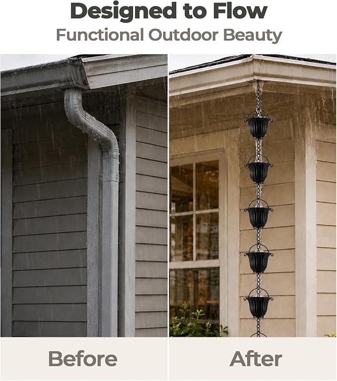 Black Rain Chain for Gutters, 12 Cup Tulip Decorative Water Feature, 8FT 8IN Adjustable Metal Chain Rain Diverter for Modern Outdoor Garden Décor with Crystal Accent