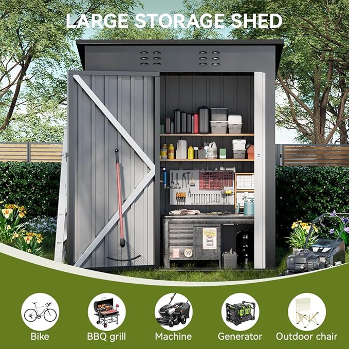 COMHOMA Shed Outdoor Storage Shed Metal,Lockable Doors Tool Sheds with Sloping Roof,Steel Garden Shed with Air Vent for Backyard,Patio,Lawn,Poolside(Grey,5'*3')
