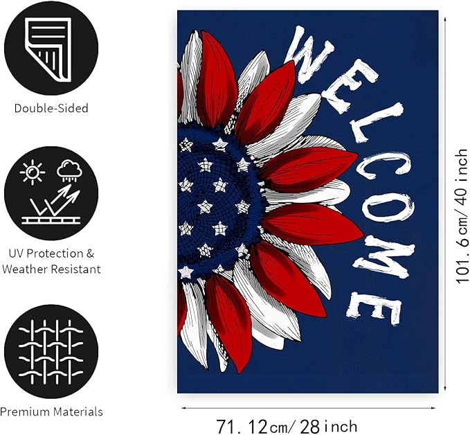 4th of July Sunflower House Flag Red White Blue Floral Garden Flags 28x40 Double Sided Large Memorial Independence Day Banner for Outside Outdoor Patriotic Decor