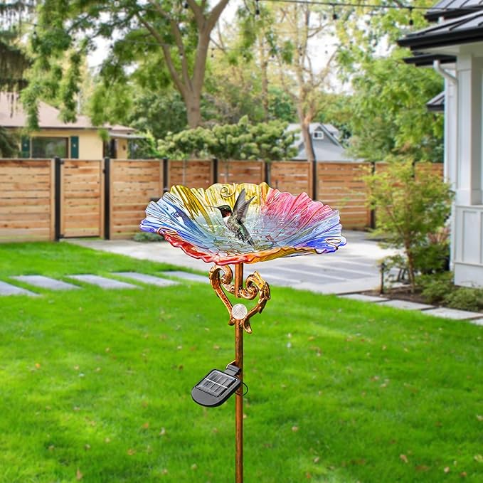 Garden Decor Gifts Solar Glass Blue Bird Bath Yard Art Garden Outdoor Birdbath with Metal Stake with White LED Light Metal Stake Garden for Women