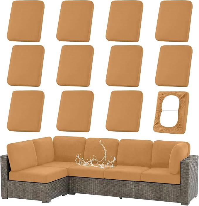 hyha Waterproof Outdoor Cushion Covers for Patio Furniture, Stretch Patio Chair Cushion Slipcovers, Coated UV Resistant Replacement Seat Covers, Solid Color (Camel, 12PC)