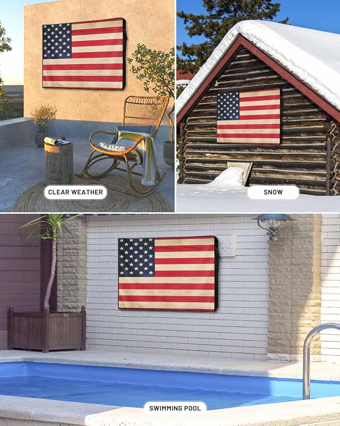 Vintage American Flag Outdoor TV Cover 30-32 Inch Weatherproof, Retro Blue Red Enclosure With Zipper & Roll Up Front Flap, Farmhouse Waterproof Cover for Outside Flat Screen