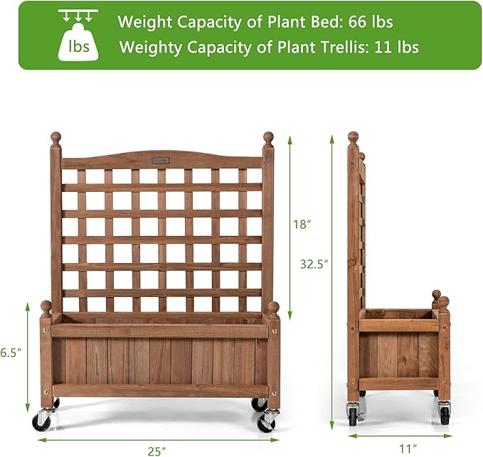 Giantex Mobile Plant Raised Bed, Wood Planter with Lattice Trellis and Wheels, Flower Box for Plant Climbing, Vertical Garden for Balcony Patio Yard (1, 25"x 11"x 32.5")