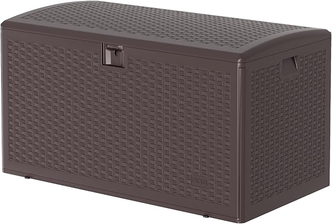 GarveeHome 99 Gallon Outdoor Storage Box, Large Resin Waterproof Deck Box with Lockable Lid, Patio Storage Bin for Cushions, Pool Toys & Garden Tools, Indoor Outdoor Deck Box Bench,Brown