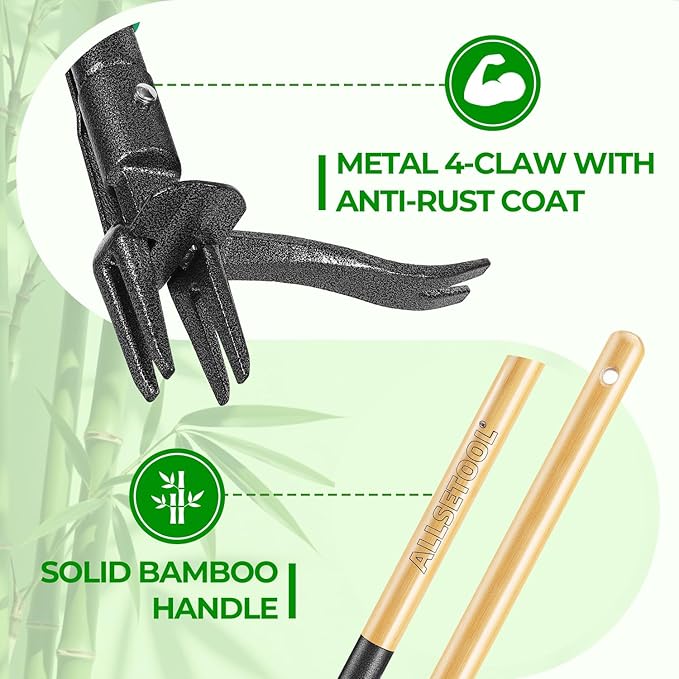 Weed Puller Tool with 2 Weed Eject Feature, 43.7in Stand Up Dandelion Remover Tool, Real Bamboo Handle and Metal 4 Claw & Foot Pedal, Heavy Duty Garden Weeder