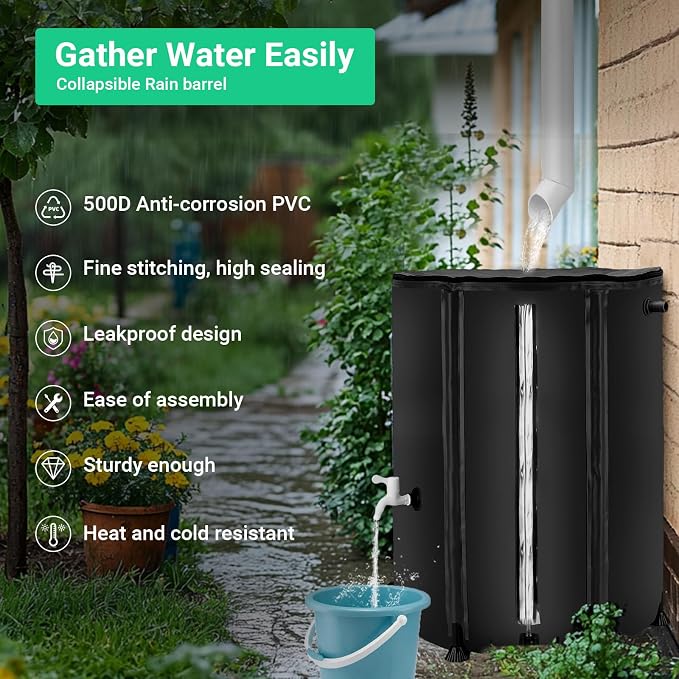 FAMIROSA 50 Gallon / 200L Rain Barrel, Collapsible Rain Barrels to Collect Rainwater from Gutter with Spigots and Overflow, 500D PVC Portable Rain Water Collection Catching System, Water Catcher Tank