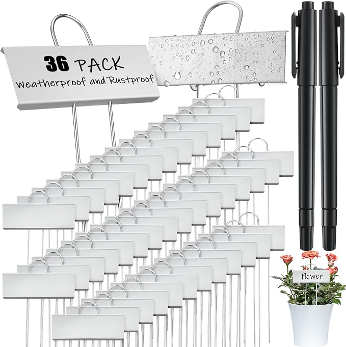Maitys 38 Pcs Metal Plant Labels Garden Markers Outdoor Weatherproof 10.6 Inch Stainless Steel Nursery Tags Reusable Bulk with Pens for Flower Fruit Vegetable Seedling (Silver Label with Black Ink)