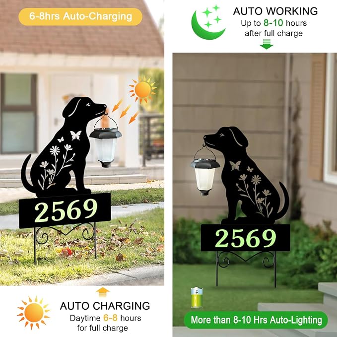 Solar House Numbers for Outside,Metal Dog Address Signs for Houses Yard | Glow in The Dark Decorative Outdoor Ornaments for Garden Stakes,Lawn,Pathway,Patio