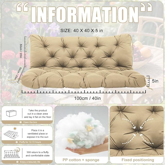 Porch Swing Cushions 2 Seater Replacement Thicken 5" Waterproof & Fade Resistant Swing Cushions for Outdoor Furniture Bench Patio Swing Cushion with Backrest & Ties(Khaki 40x40x5inch)