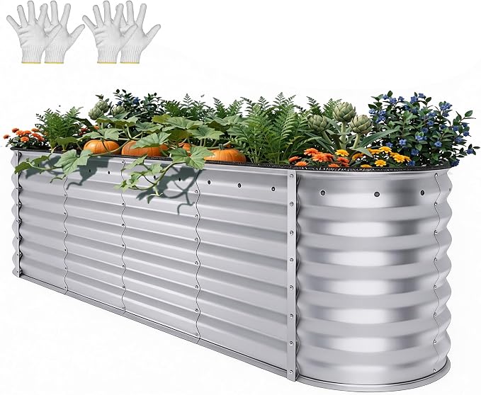 YITAHOME 24" Tall 9 in 1 Large Raised Garden Bed Kit, 8x2x2ft Galvanized Metal Planter Box with Gloves and Safety Rubber, Outdoor Above Ground Planters for Plants Vegetables Flowers, Silver Gray