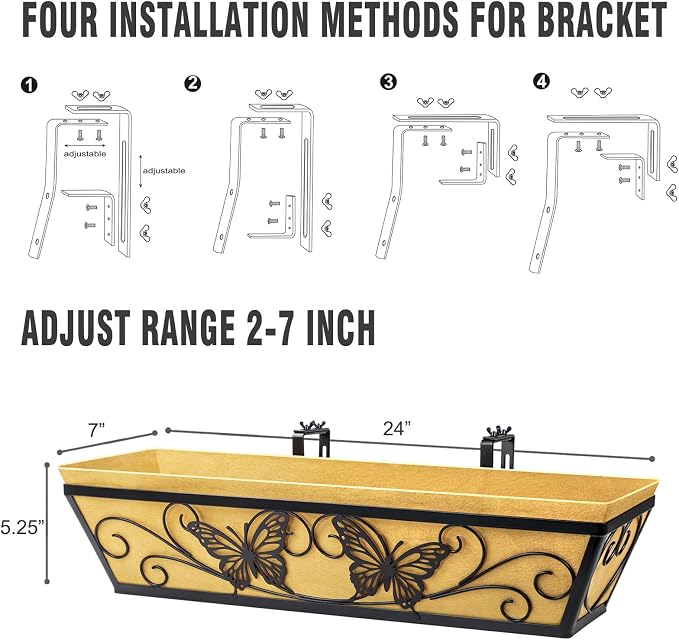 6 Pack 24 Inch Railing Planter Boxes Window Box Planters with Liner | Adjustable Bracket, Heavy Duty Hanging Basket, Metal Butterfly Decor, Retain Moisture Fabric Liner, Matte Classic Black