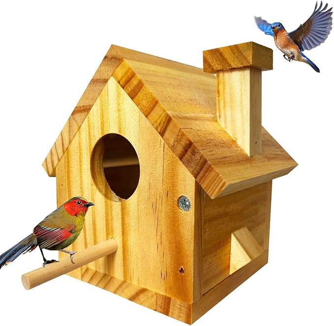 Bird Houses for Outside Clearance, Bird House Natural Wood Birdhouse with Pole, Hanging Blue Bird Houses for Outdoors Garden Country, Finch Cardinals Swallow Wren Bluebird House