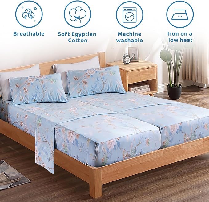 QSH 100% Cotton Floral Sheets for Split King Size Bed, Blue Flowers Plant Pattern Botanical Luxury Cotton Printed Floral Bedding Split King Sheet with Deep Pockets 17" Soft and Breathable 5pcs