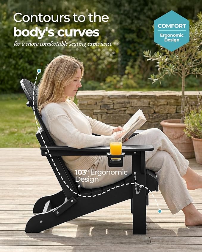 Ciokea Folding Adirondack Chair Wood Texture 2 Pack, Patio Adirondack Chair Weather Resistant, Plastic Fire Pit Chair with Cup Holder, Lawn Chair for Outdoor Porch Garden Backyard Deck (Black)