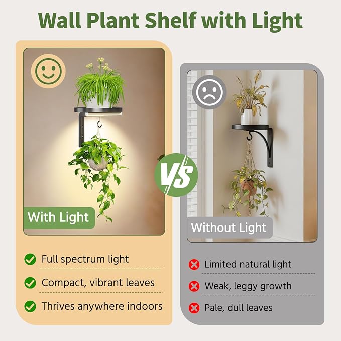 LASZOLA Plant Hangers Shelves Wall Mounted Indoor with Grow Lights, Metal Window Plant Holders, 4Pcs Modern Floating Flower Display Stand with 4 Hooks for Outdoor Kitchen Bathroom Decor, Black