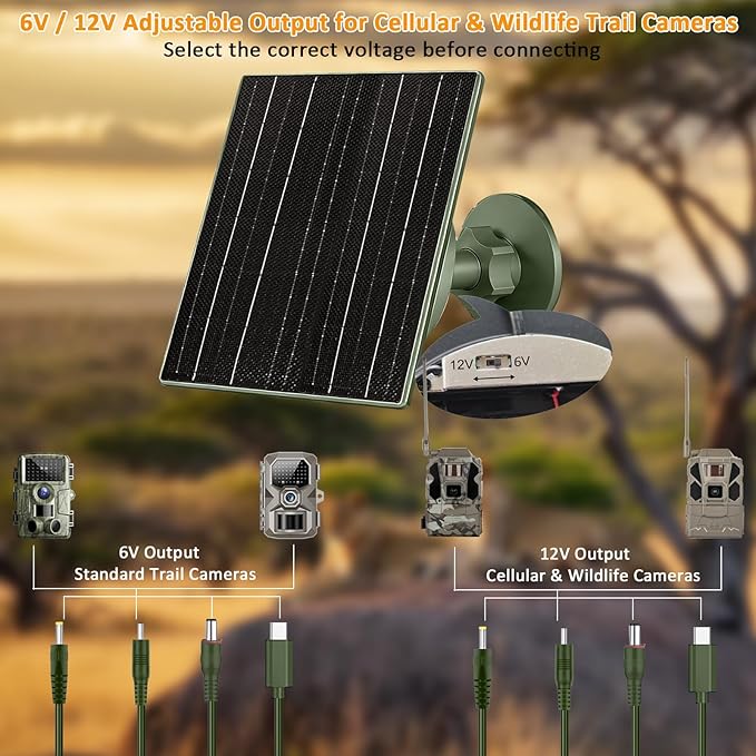 Zivif Solar Panel Charger for Trail & Hunting Cameras, 10W 3.7V 10400mAh Built-in Battery, 6V/12V Adjustable Output, Universal Adapter Cables (DC5521, DC4.0x1.7mm, DC3.5x1.35mm, Type-C)