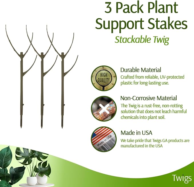 Twigs GA - Stackable Plant Support Stakes, Indoor & Outdoor Houseplant Stem Support, Garden Accessories, Durable Trellis Alternative for Climbing & Potted Plants - Moonstone, 3 Pack, 17" L