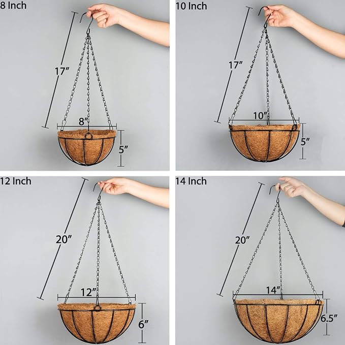 Kingbuy 12" Metal Hanging Basket for Herbs & Flowers – 6" Depth Rust-Resistant Wire with Coconut Liner & Adjustable Chains for Kitchen Window, Balcony & Garden - 2 Pack