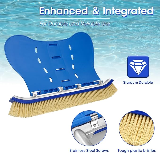 Pool Brush with Brush Tail for Cleaning Pool Walls Using Water Pressure, 18" Tough Plastic Bristles Pool Brush Head with EZ Clips Fit Most Poles (Pole not Included)