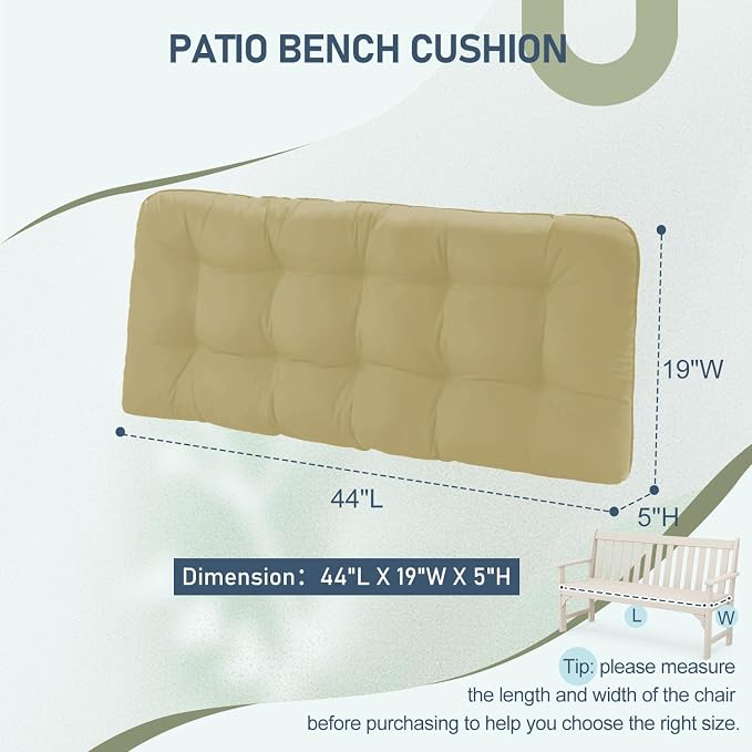 downluxe Outdoor Bench Cushion for Patio Furniture, Water Resistant Tufted Overstuffed Porch Swing Cushions, Thick Outdoor Loveseat Cushions, 44" X 19" X 5", Khaki, Set of 1