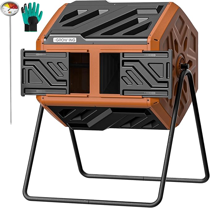 THEGROW'ING 43 Gallon Dual Chamber Compost Bin with Built-in Nuts & Thermometer, Outdoor Rotating Composter Tumbler for Garden Backyard, Orange