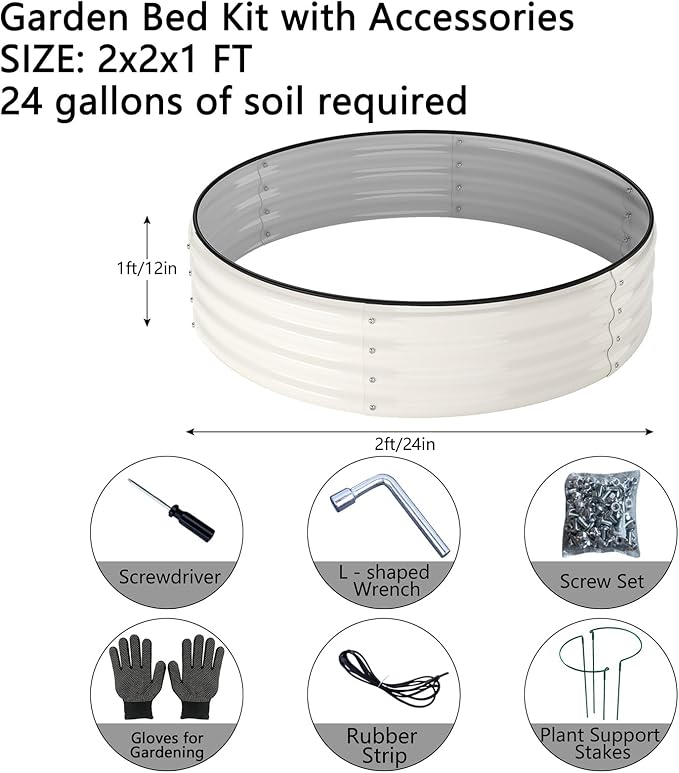 ZFHgarden Galvanized Metal Planter Round Raised Garden Bed Kit for Gardening Outdoor，2x2x1ft 2pc Grow Garden Box Raised Flower Bed，Round Galvanized Planter Outdoor Metal Fire Pit Ring White