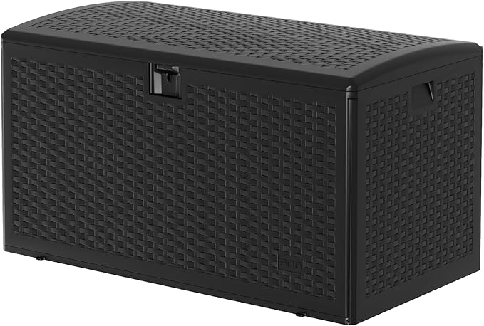 99 Gallon Outdoor Storage Box, Large Resin Waterproof Deck Box with Lockable Lid, Patio Storage Bin for Cushions, Pool Toys & Garden Tools, Indoor Outdoor Deck Box Bench,Black