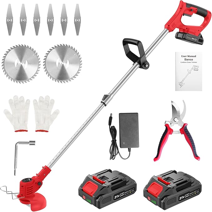 21V Weed Wacker Cordless String Trimmer with 2 Batteries 2.0Ah, 2 Types Metal Blades Powered Grass Trimmer, Pruning Shears, Adjustable Pole Weed Trimmer for Garden and Yard Lawn, Red