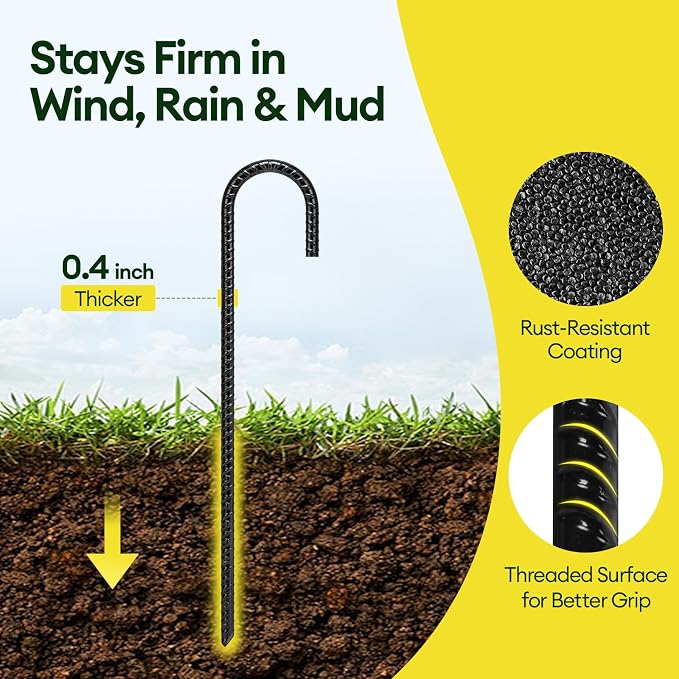 Maygrove 12 Inch Rebar Stakes Heavy Duty 10 Pack, J Hook Ground Stakes, Galvanized Steel Trampoline Stakes, Tent Anchor Kit Anti-Rust, Drip Hose Wind Stakes, Black