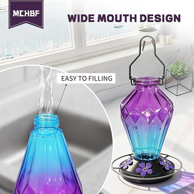 Glass Hummingbird Feeders for Outdoor Hanging, 25 OZ Red and 25 OZ Purple