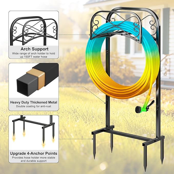 Gtongoko Garden Hose Holder for Outside 43 In With Upgrade 4 Prongs Base Detachable Metal Water Hose Holder Freestanding Heavy Duty Organizer Holds 150FT Stand Hanger for Outdoor Yard Black
