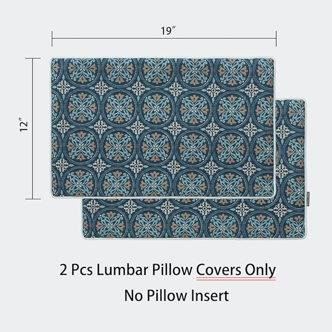 Magpie Fabrics Pack of 2 Outdoor Lumbar Pillow Case Covers 12"x20", Waterproof Rectangular Throw Pillowcase Shell Decorative Sham for Patio Garden Couch - Morgan Medal Blue