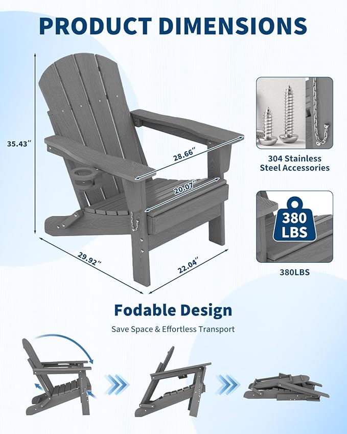 GarveeLife Folding Adirondack Chair Set of 4, All-Weather HDPE Outdoor Chair, Wooden Textured with Cup Holder for patios, Decks, Gardens, fire pits, Grey