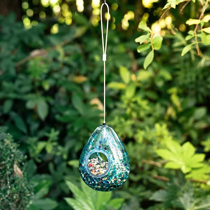 Glitzhome Glass Bird Feeder for Outdoors, 6.75" H Blue Dots Teardrop Hanging Birdfeeder for Garden Tree Yard Outside Decoration
