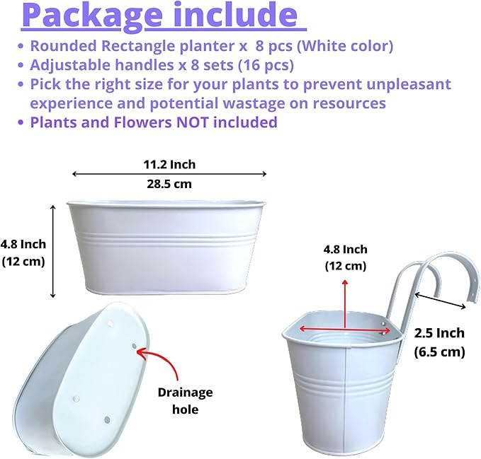 LaLaGreen Rail Planters for Outdoor (11.2 Inch, 8 Pack) White Metal Iron Hanging Flower Pots, Strawberry Planter Deck Railing Fence Bucket Modern Stylish Wall Mount Window Box Plant Holder Porch Décor