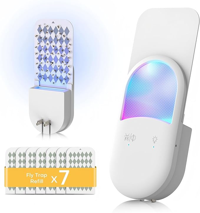 Fruit Fly Trap for Indoors Plug-in, Gnat Trap Indoor Insect Trap with 7 Refill Cartridges, UVA Light Bug Catcher with Dual Modes, 8-Color RGB Night Light Sensor for Kitchen Bathroom Home