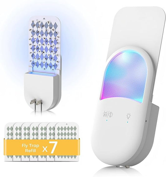 Fruit Fly Trap for Indoors Plug-in, Gnat Trap Indoor Insect Trap with 7 Refill Cartridges, UVA Light Bug Catcher with Dual Modes, 8-Color RGB Night Light Sensor for Kitchen Bathroom Home
