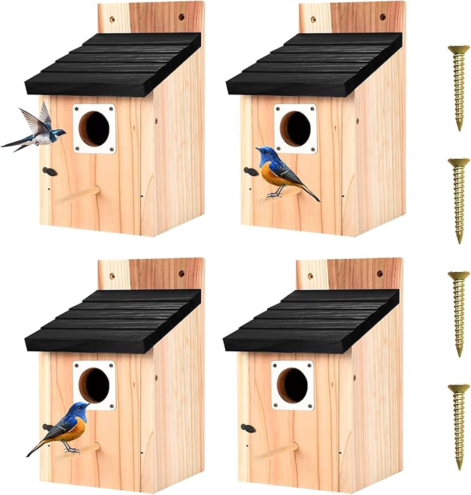 4-Pack Black Wooden Bird Houses for Outdoors with Predator Guard, Bluebird Houses for Outside – Ideal for Bluebirds & Other Backyard Birds, Black