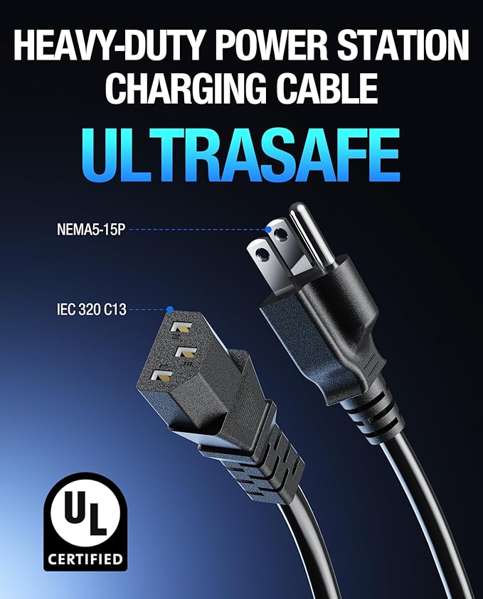 UL Listed Heavy-Duty Power Station Fast Charging Cable, 14AWG 125V 15A Power Cord for Jackery Explorer 3000/2000/1500/1000 Pro, Ecoflow Delta/River, Bluetti EB3A, Anker 757/767, Segway Cube, DJI(12FT)