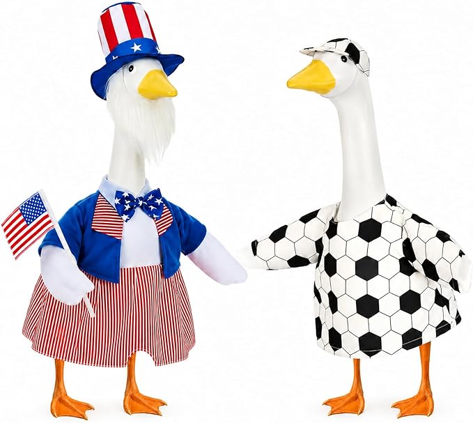 4th of July Porch Goose Outfit with Soccer Goose Outfit, Patriotic Uncle Sam Goose Costume with American Flag & World Cup Fit 23" Geese Statues Garden, Patio, Lawn Yard Decor