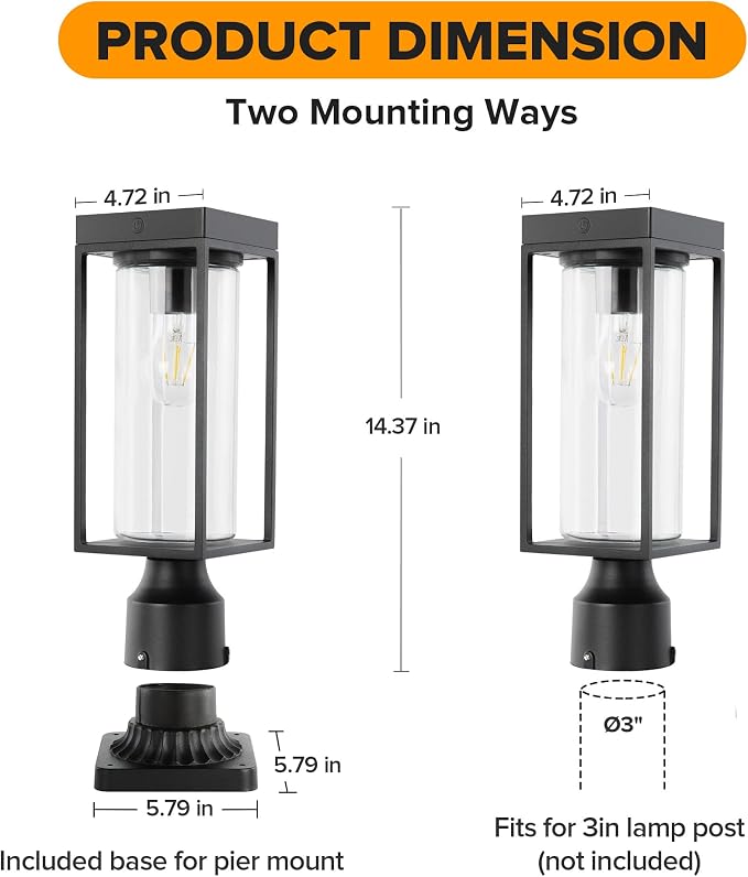 LUTEC Solar Post Light, Dusk to Dawn Aluminium Lamp Post Light Fixture with Pier Mount Base, Exterior Black Fence Lights Outdoor Waterproof for Garden Yard Patio Pole Mount