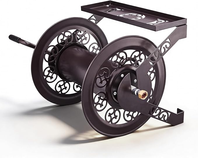 Outvita Wall Mounted Garden Hose Reel, Holds 175 ft 5/8-inch Hose, Manual Water Hose Holder Winder, Decorative Heavy-Duty, Space Saving, Easy Assmbly, for Yard Lawn Garage Backyards (Brown)
