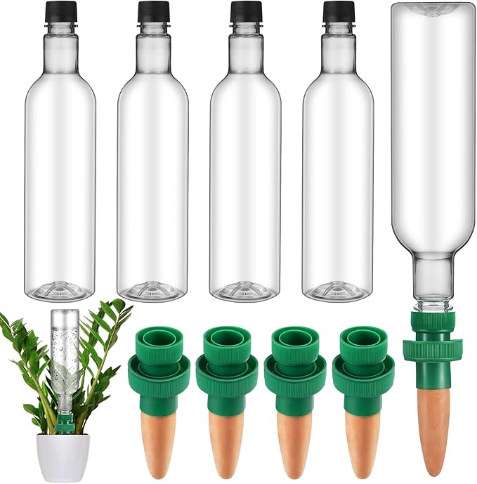 SiliFine 4 Set Plant Watering Devices Include Self Watering Spikes and 26 oz Plastic Bottles Plant Waterer Devices with Adjustable Control Valve Switch Indoor Outdoor (Clear)