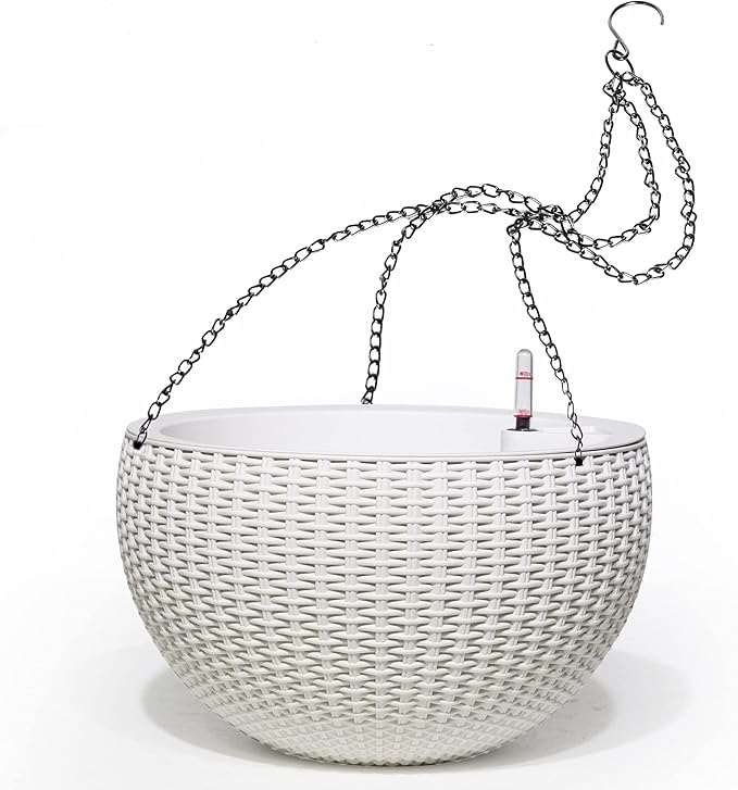 Dexceder 9 Inch Self Watering Hanging Planter (White) | Thickened Hanging Basket Flower Plant Pot with Water Level Indicator Indoor Outdoor
