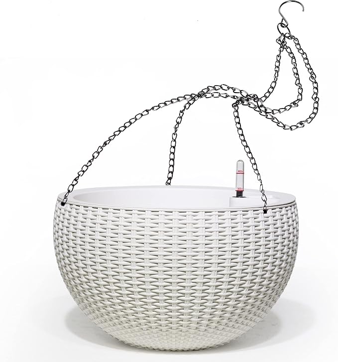 Dexceder 10.5 Inch Self Watering Hanging Planter (White) | Thickened Large Hanging Basket Flower Plant Pot with Water Level Indicator Indoor Outdoor